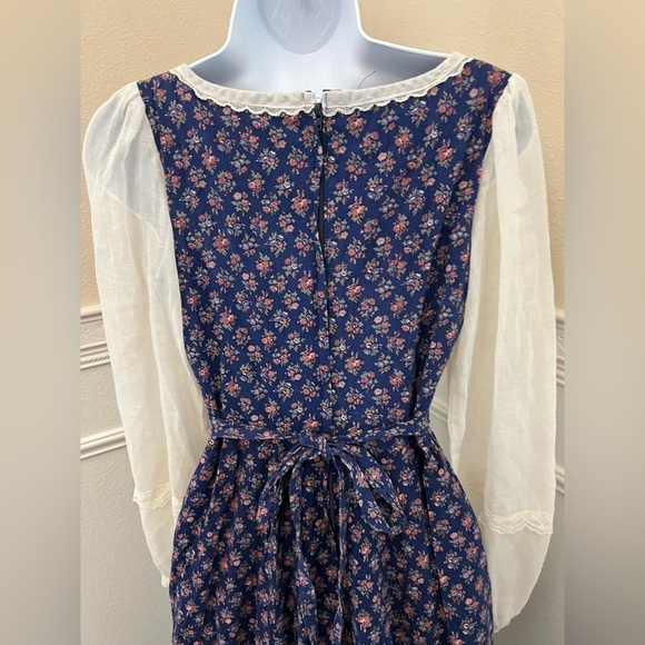 RARE Vintage Gunne Sax Prairie Dress Blue Floral Lace Peasant Cottagecore - Picture 6 of 8
